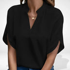Blouse fluide femme à col fendu, coupe ample, cinq coloris, noir