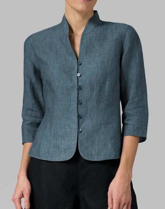 Blouse femme à col montant, manches 3/4 et boutonnage devant, bleu