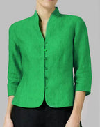 Blouse femme à col montant, manches 3/4 et boutonnage devant, vert