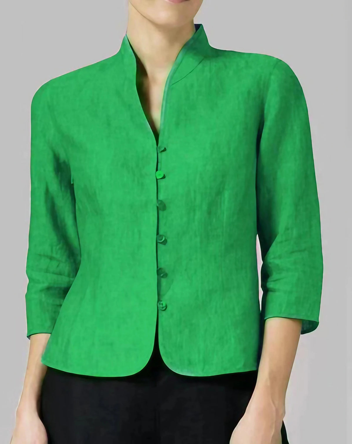 Blouse femme à col montant, manches 3/4 et boutonnage devant, vert