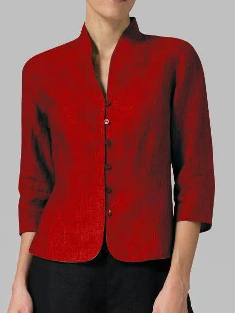 Blouse femme à col montant, manches 3/4 et boutonnage devant, rouge
