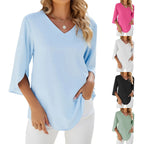 Blouse ample femme col V à manches 3/4, cinq coloris