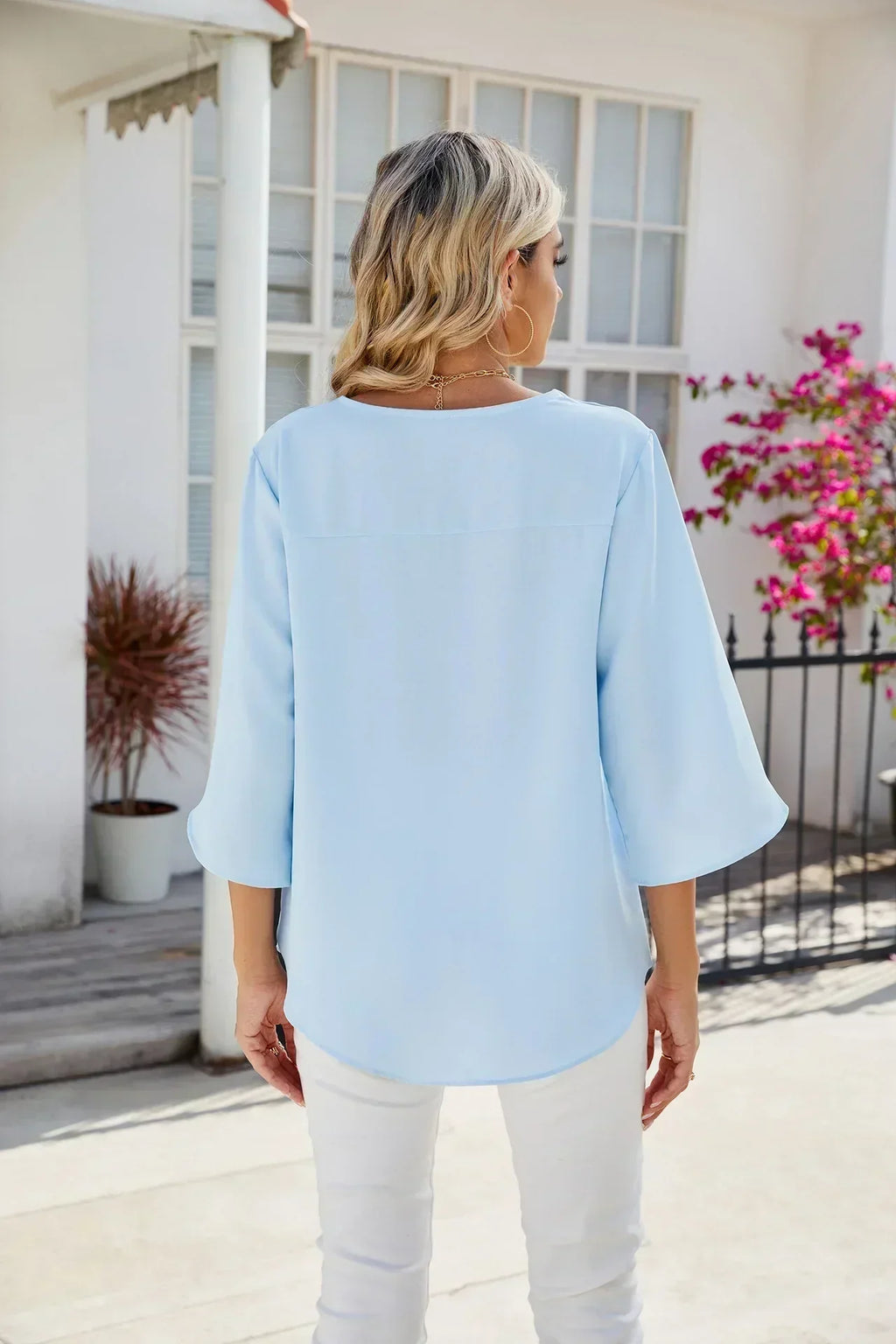 Blouse ample femme col V à manches 3/4, cinq coloris
