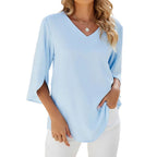 Blouse ample femme col V à manches 3/4, cinq coloris, bleu