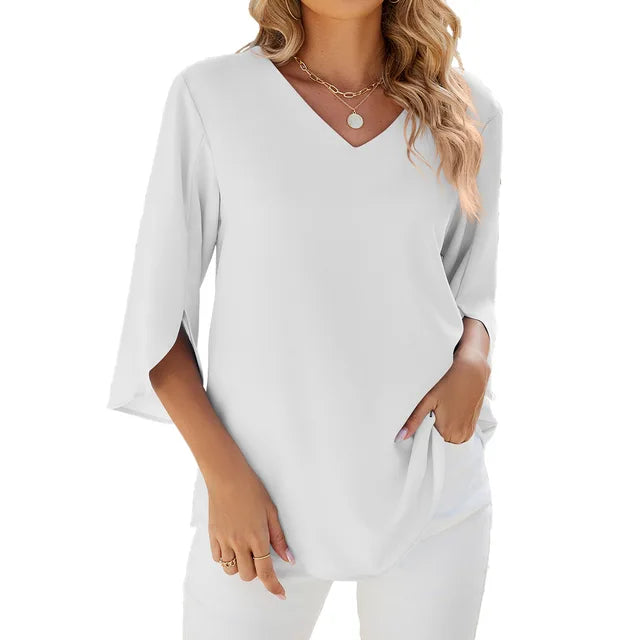 Blouse ample femme col V à manches 3/4, cinq coloris, blanc