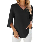 Blouse ample femme col V à manches 3/4, cinq coloris, noir