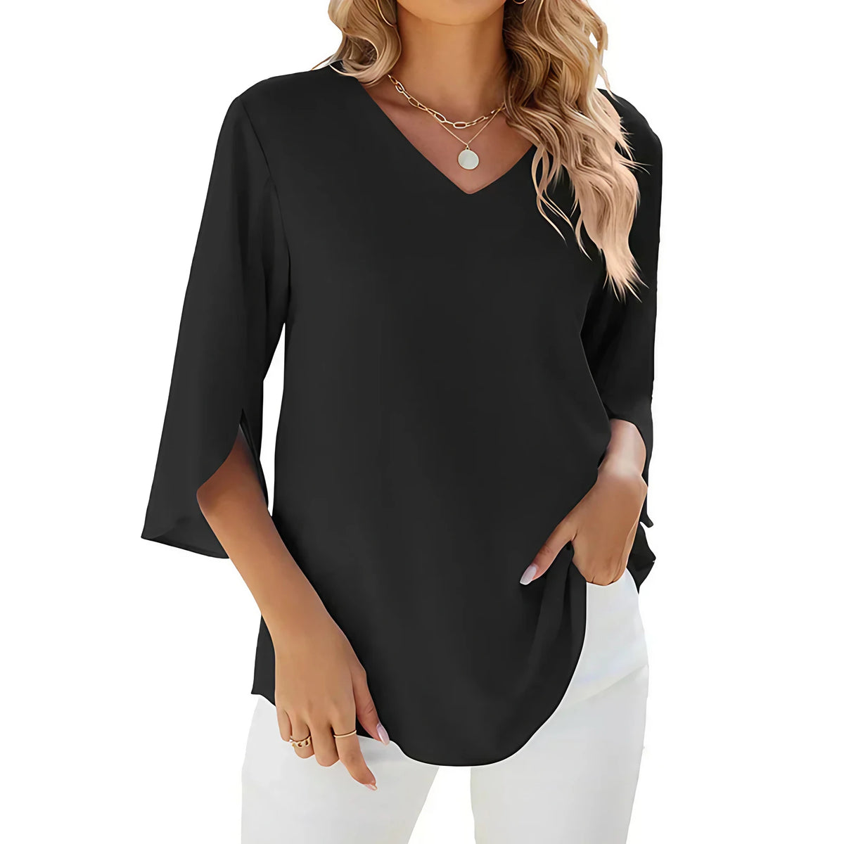 Blouse ample femme col V à manches 3/4, cinq coloris, noir