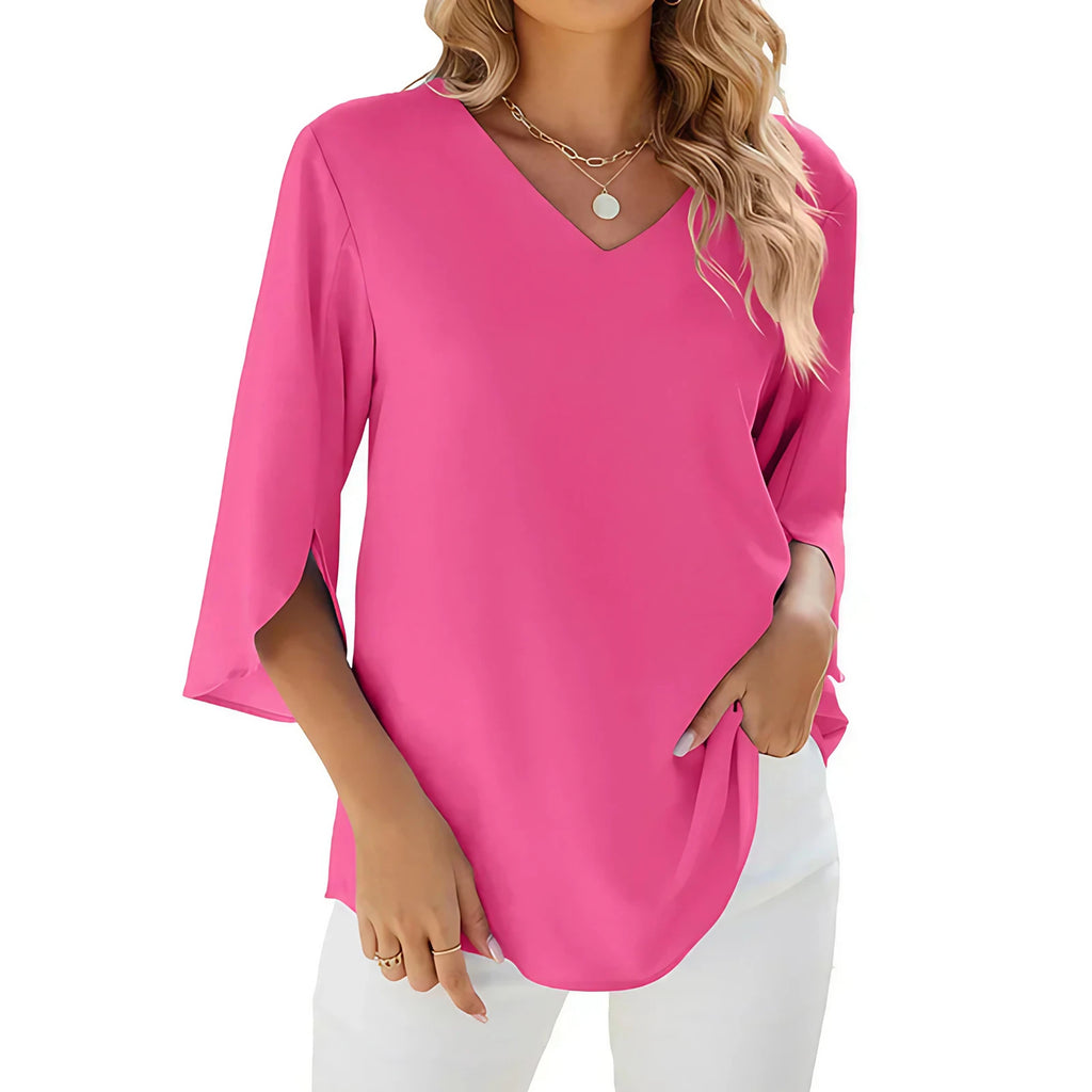 Blouse ample femme col V à manches 3/4, cinq coloris, rose
