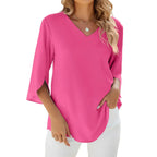 Blouse ample femme col V à manches 3/4, cinq coloris, rose