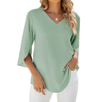 Blouse ample femme col V à manches 3/4, cinq coloris, vert
