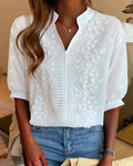 Blouse blanche femme à col V et manches bouffantes, blanc
