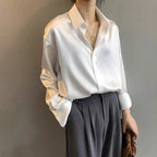 Blouse femme coupe droite, col ouvert, manches à retrousser