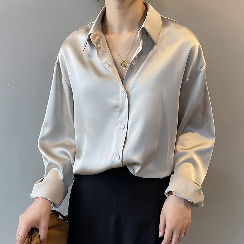 Blouse femme coupe droite, col ouvert, manches à retrousser, abricot