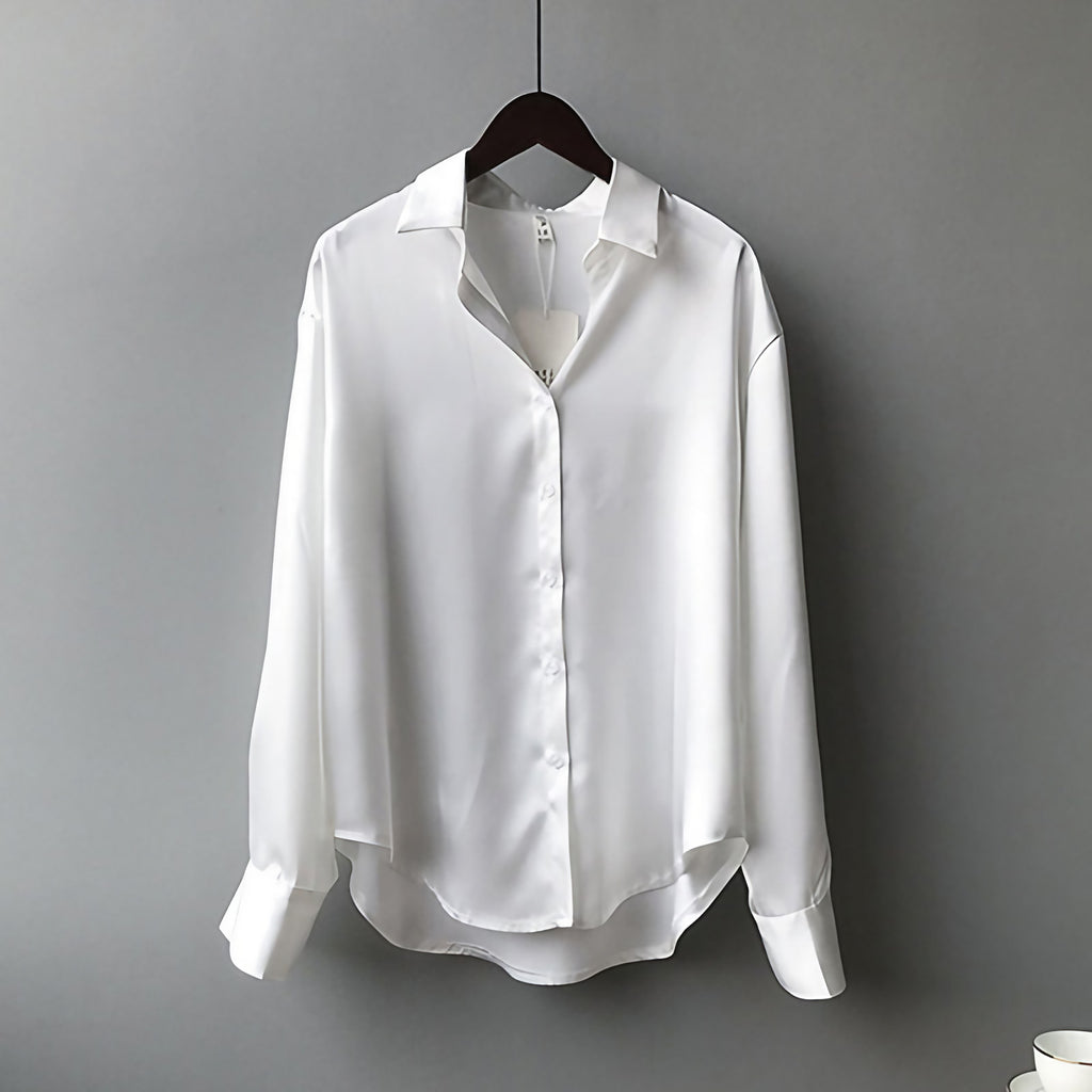 Blouse femme coupe droite, col ouvert, manches à retrousser, blanc