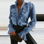 Blouse femme à volants et boutons, coupe cintrée, du S au XL, bleu