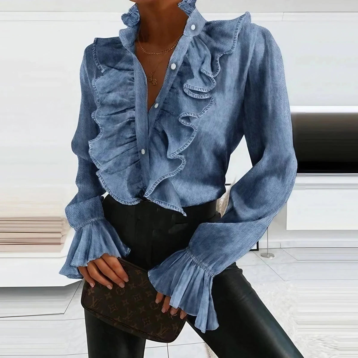 Blouse femme à volants et boutons, coupe cintrée, du S au XL, bleu
