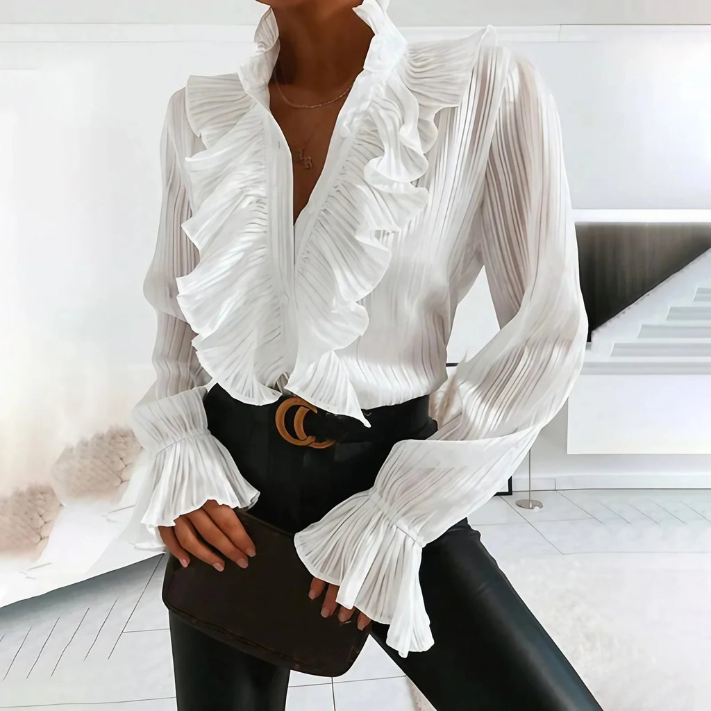 Blouse femme à volants et boutons, coupe cintrée, du S au XL, blanc