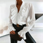 Blouse femme à volants et boutons, coupe cintrée, du S au XL, blanc