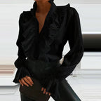 Blouse femme à volants et boutons, coupe cintrée, du S au XL, noir