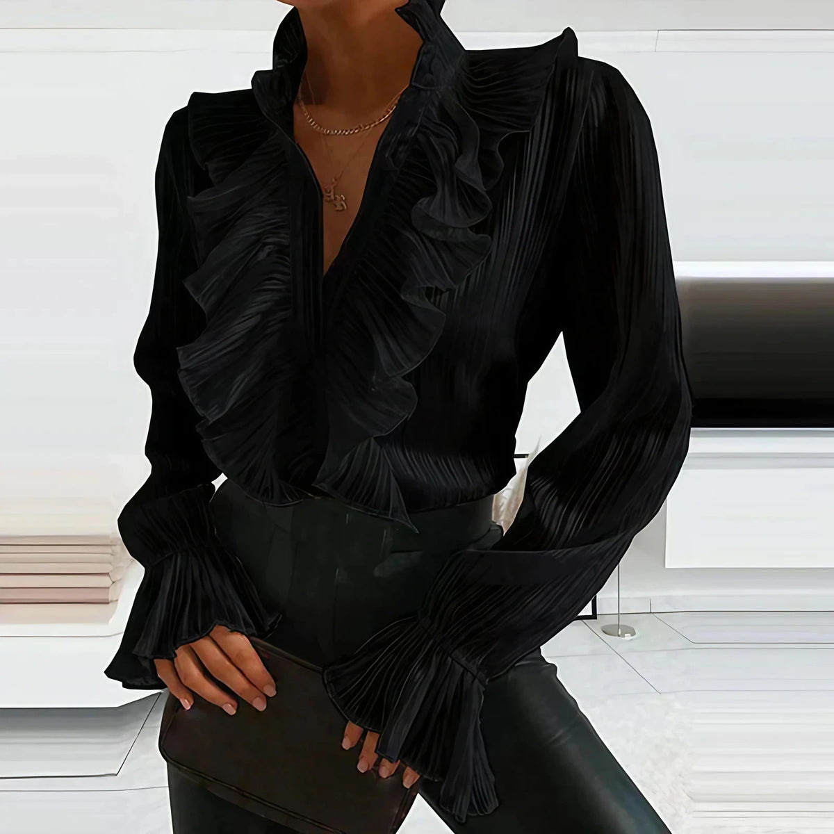 Blouse femme à volants et boutons, coupe cintrée, du S au XL, noir