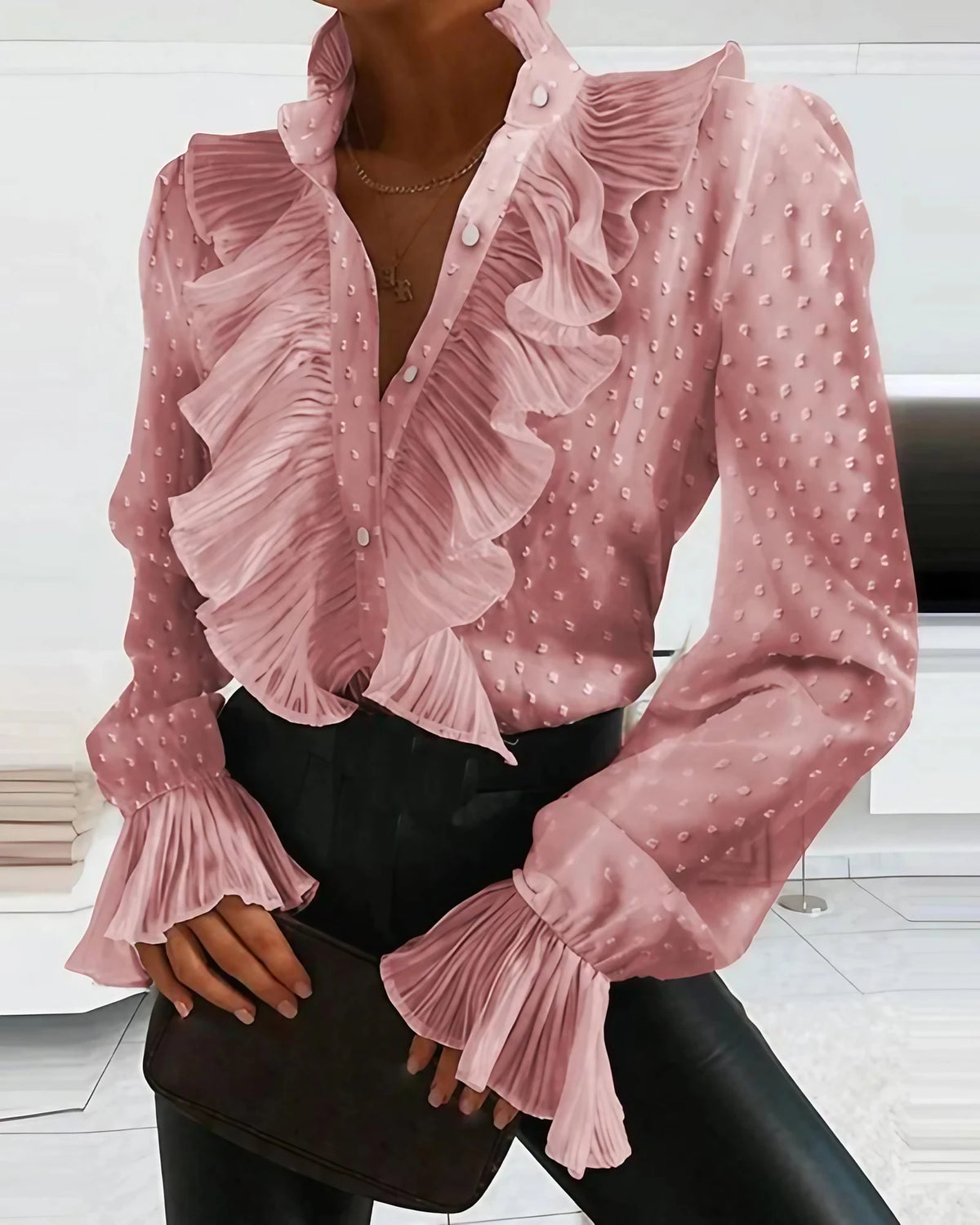 Blouse femme à volants et boutons, coupe cintrée, du S au XL, rose