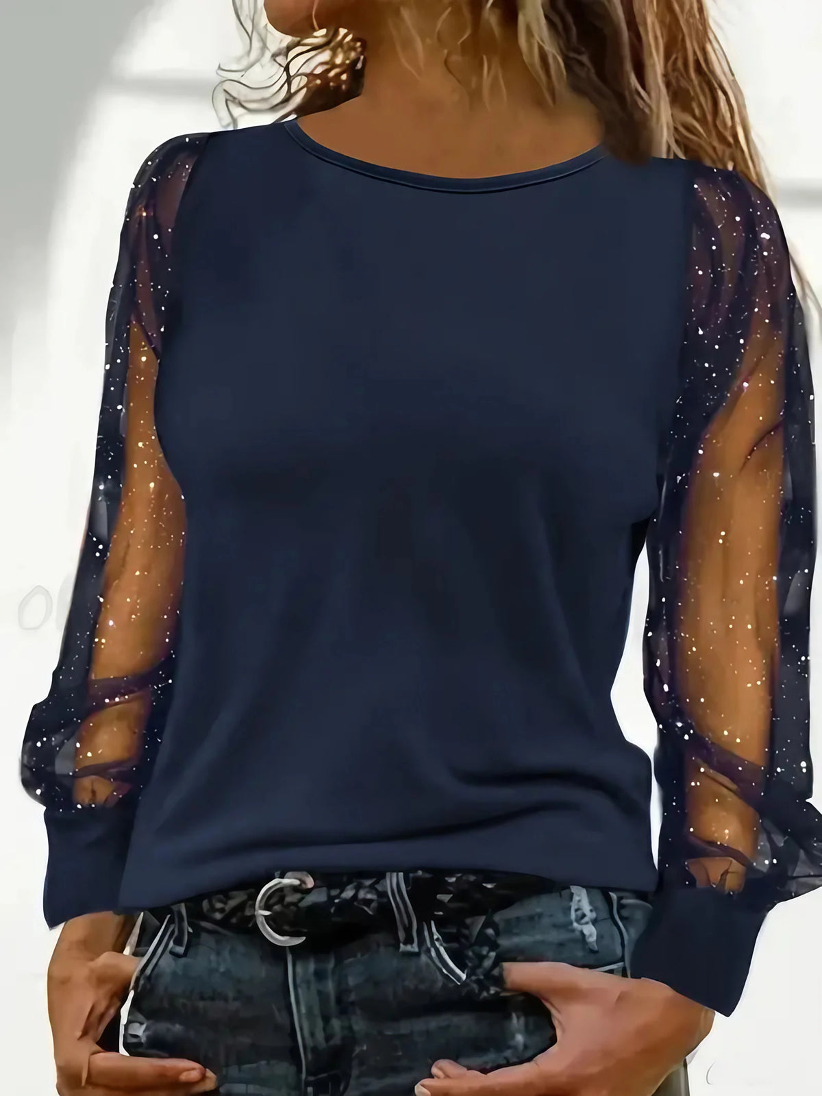Blouse femme habillée, fluide à léger reflet, du S au 5XL, bleu marine