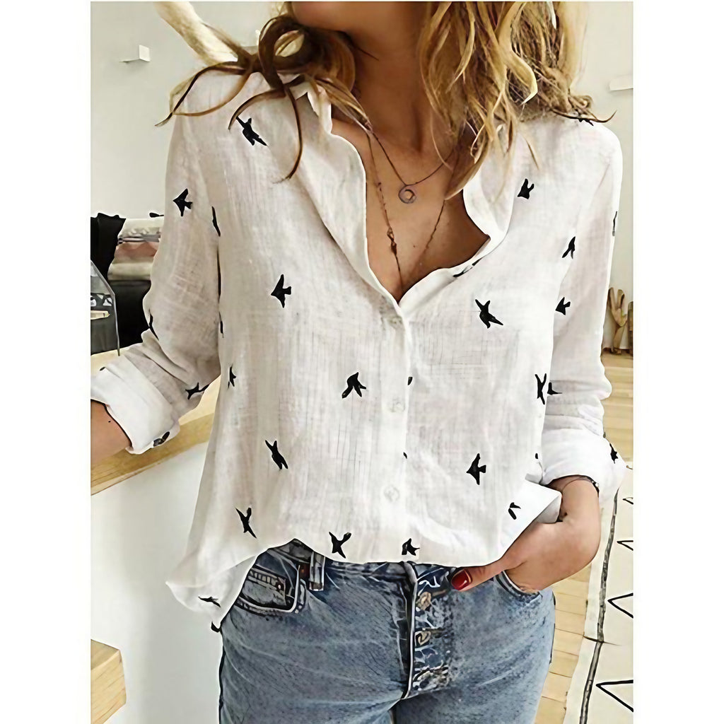 Blouse femme ajustée, unie ou à motif oiseaux, du 32 au 46, blanc à motif oiseaux