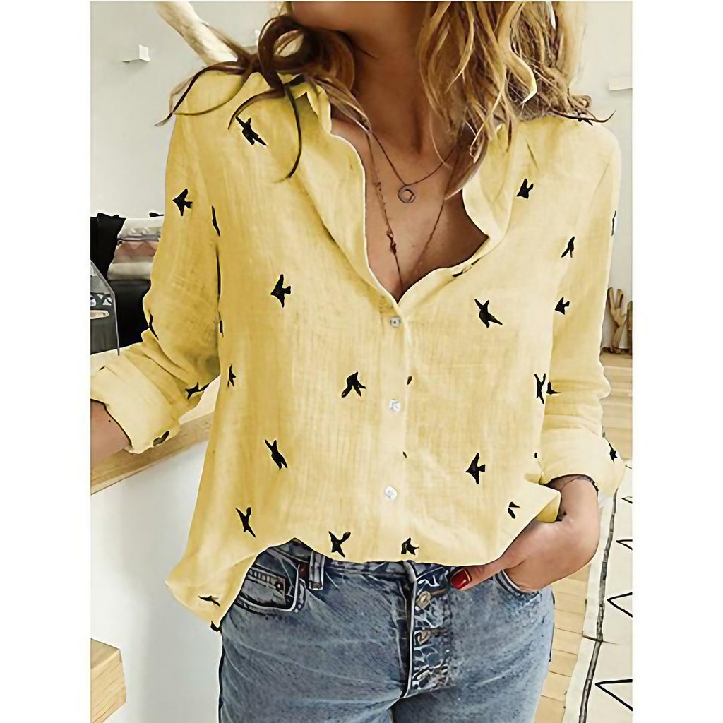 Blouse femme ajustée, unie ou à motif oiseaux, du 32 au 46, jaune à motif oiseaux