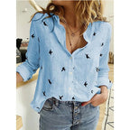 Blouse femme ajustée, unie ou à motif oiseaux, du 32 au 46, bleu à motif oiseaux