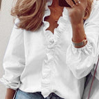 Blouse à volants femme col V, du 32 au 62, blanc