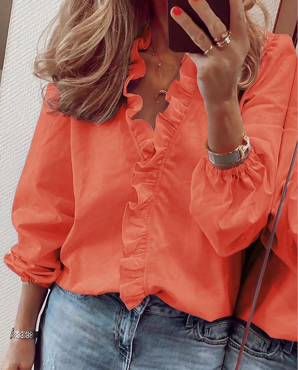 Blouse à volants femme col V, du 32 au 62, orange