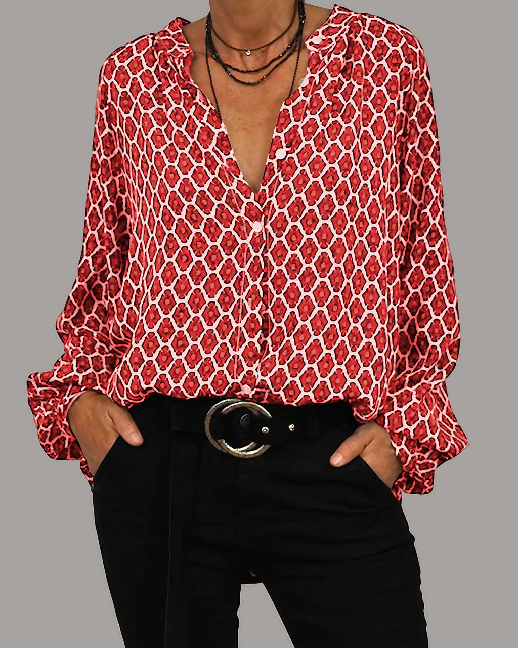 Blouse femme à manches longues, noir, rouge ou bleu, du S au 3XL, rouge