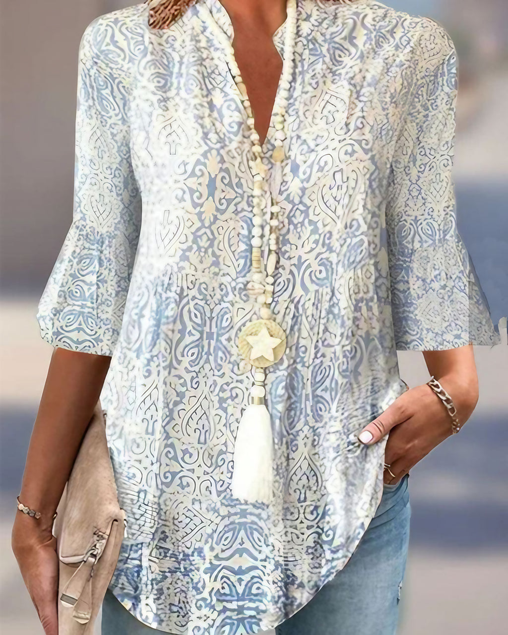 Blouse femme à imprimé floral bleu, manches 3/4
