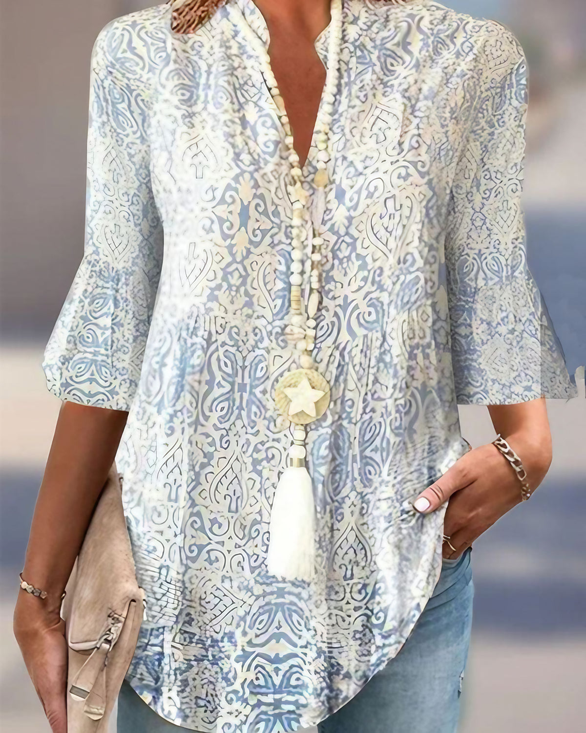 Blouse femme à imprimé floral bleu, manches 3/4, bleu