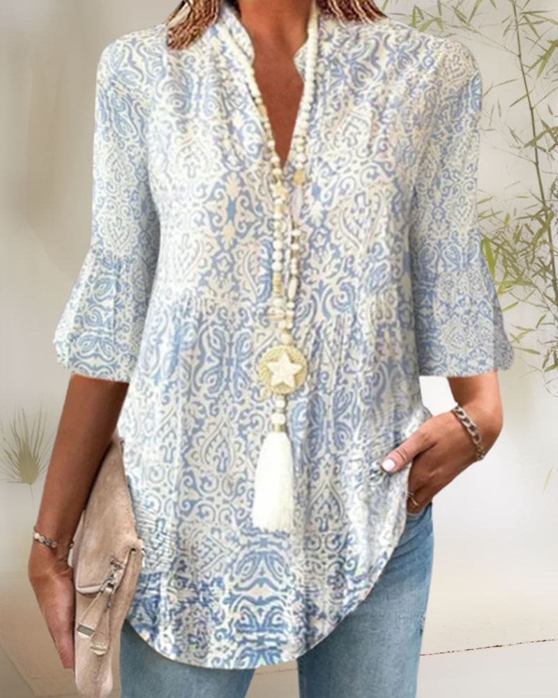 Blouse femme à imprimé floral bleu, manches 3/4