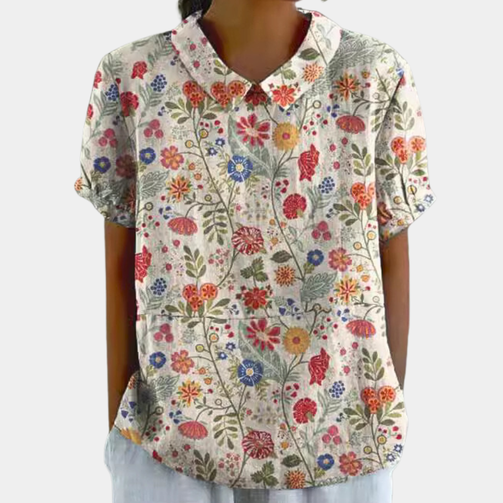 Blouse femme à fleurs pastel, col rond et manches courtes, crème