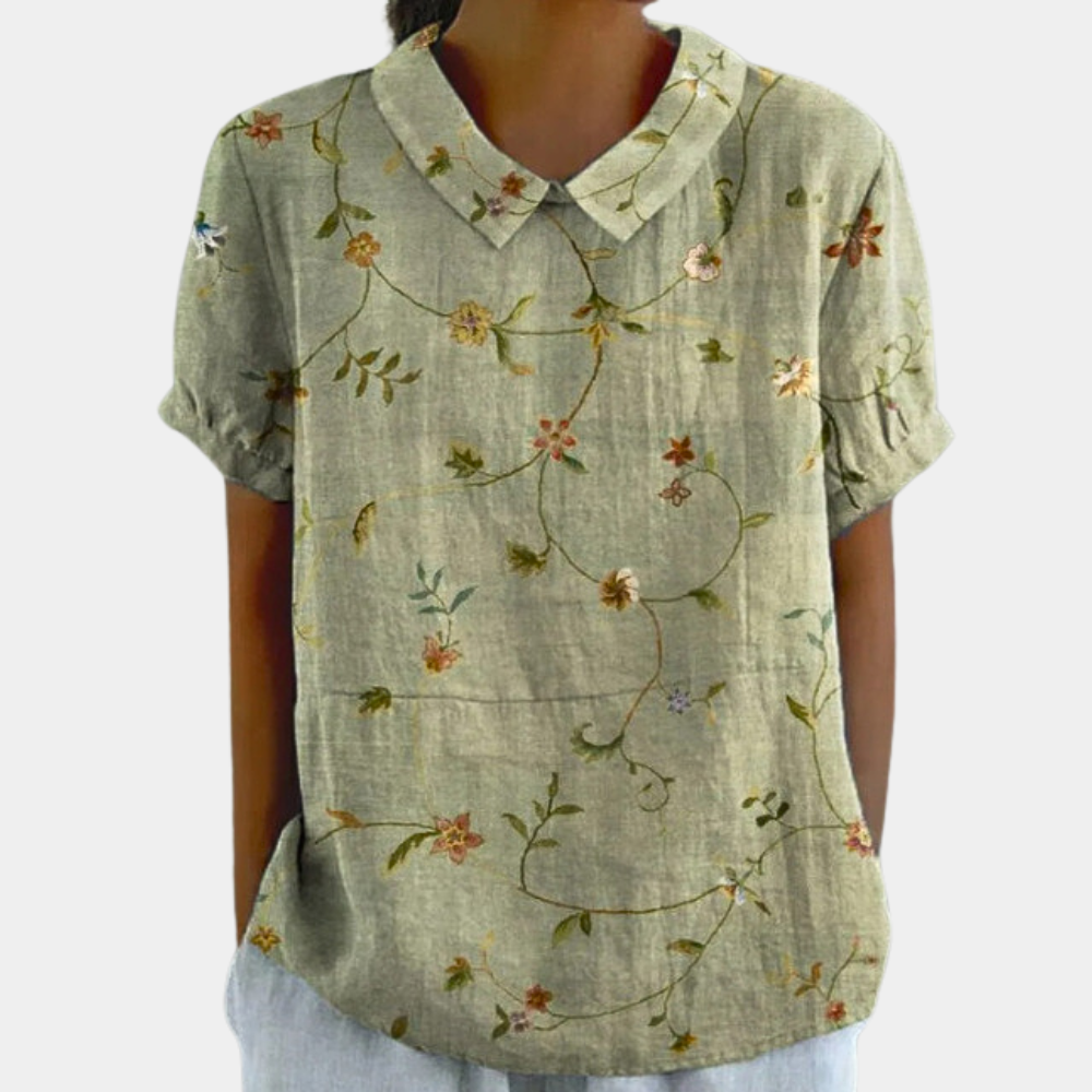 Blouse femme à fleurs pastel, col rond et manches courtes, vert
