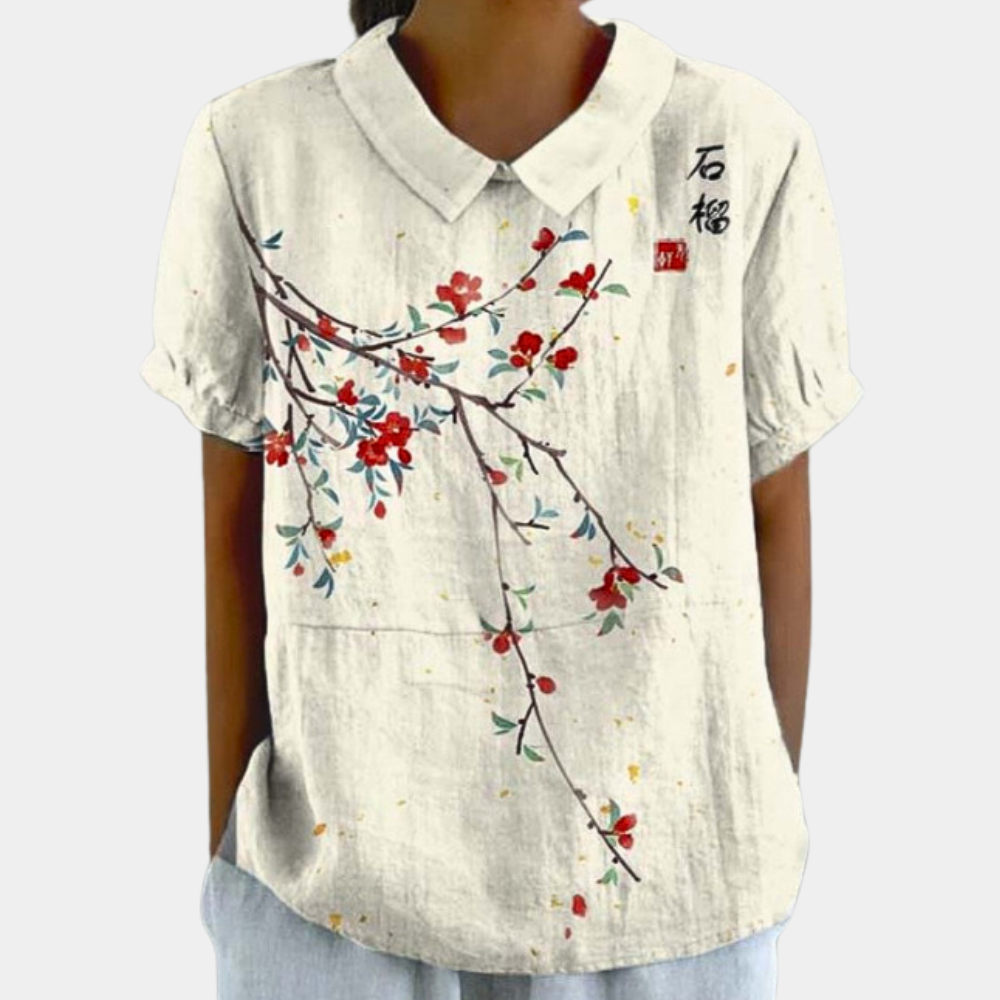 Blouse femme à fleurs pastel, col rond et manches courtes, blanc