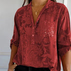 Blouse fleurie femme à manches longues, coupe ample, rouge