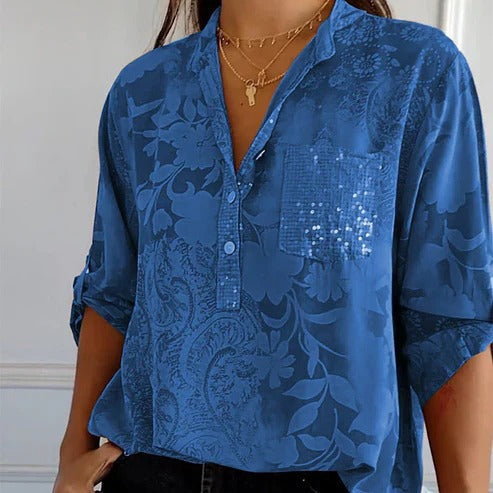 Blouse fleurie femme à manches longues, coupe ample, bleu