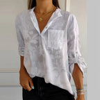 Blouse fleurie femme à manches longues, coupe ample, blanc