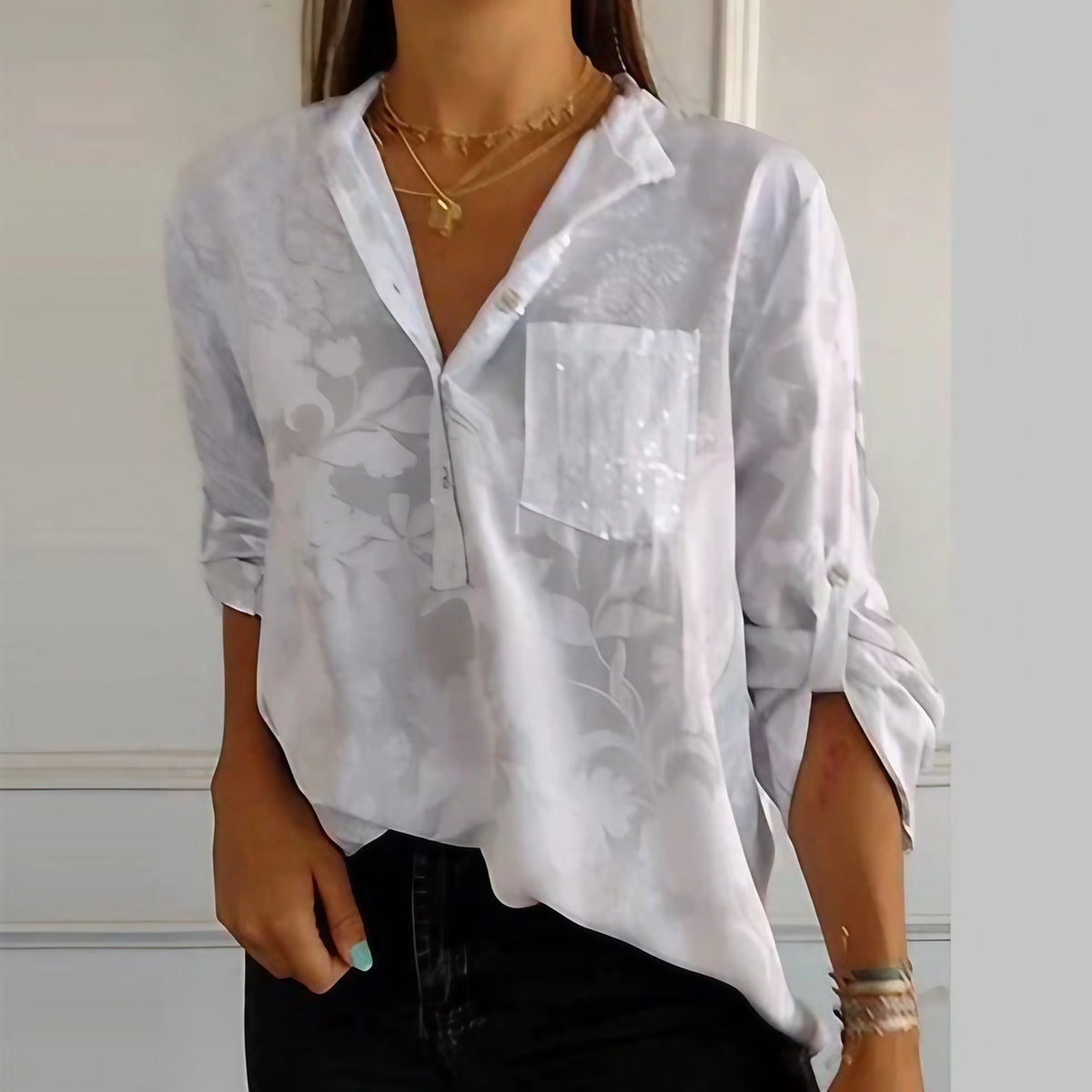 Blouse fleurie femme à manches longues, coupe ample, blanc