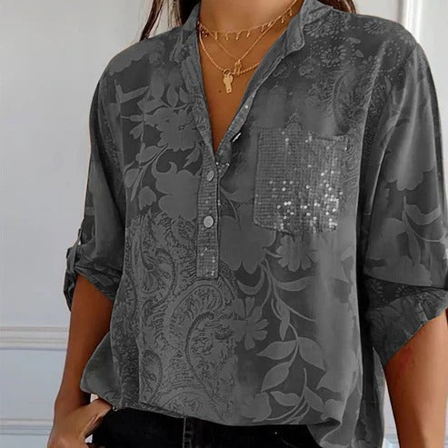 Blouse fleurie femme à manches longues, coupe ample, gris