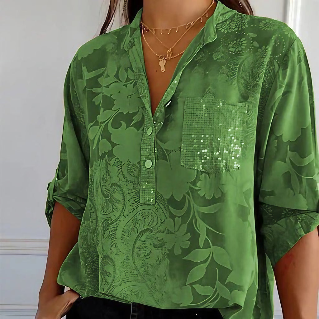 Blouse fleurie femme à manches longues, coupe ample, vert