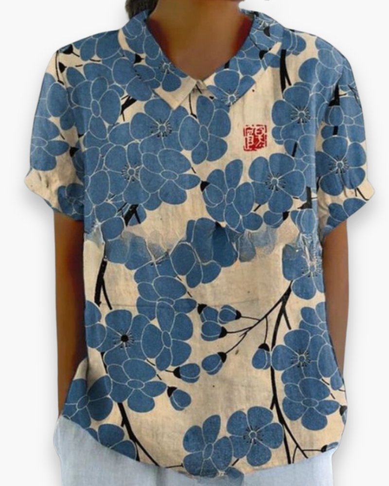 Blouse fleurie femme coupe décontractée, dix coloris, blanc à fleurs bleues