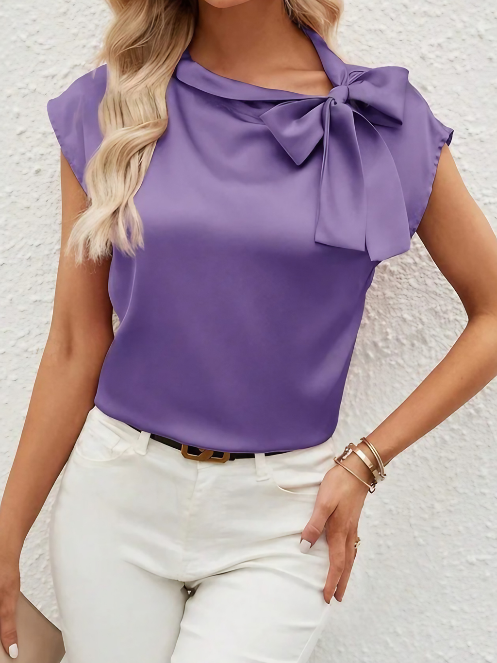Blouse fluide femme à nœud sur l'épaule, douze coloris, violet