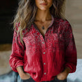 Blouse femme à imprimé ethnique, manches longues, col à revers, rouge