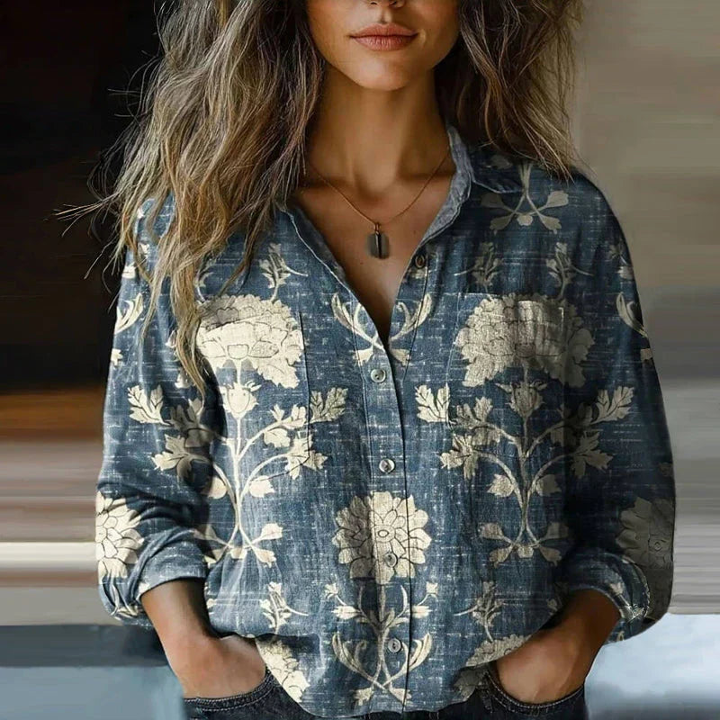 Blouse femme à imprimé ethnique, manches longues, col à revers, bleu