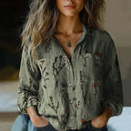 Blouse femme à imprimé ethnique, manches longues, col à revers, vert