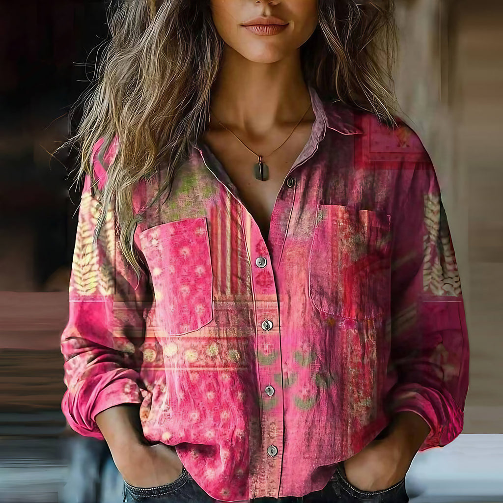 Blouse femme à imprimé ethnique, manches longues, col à revers, rose